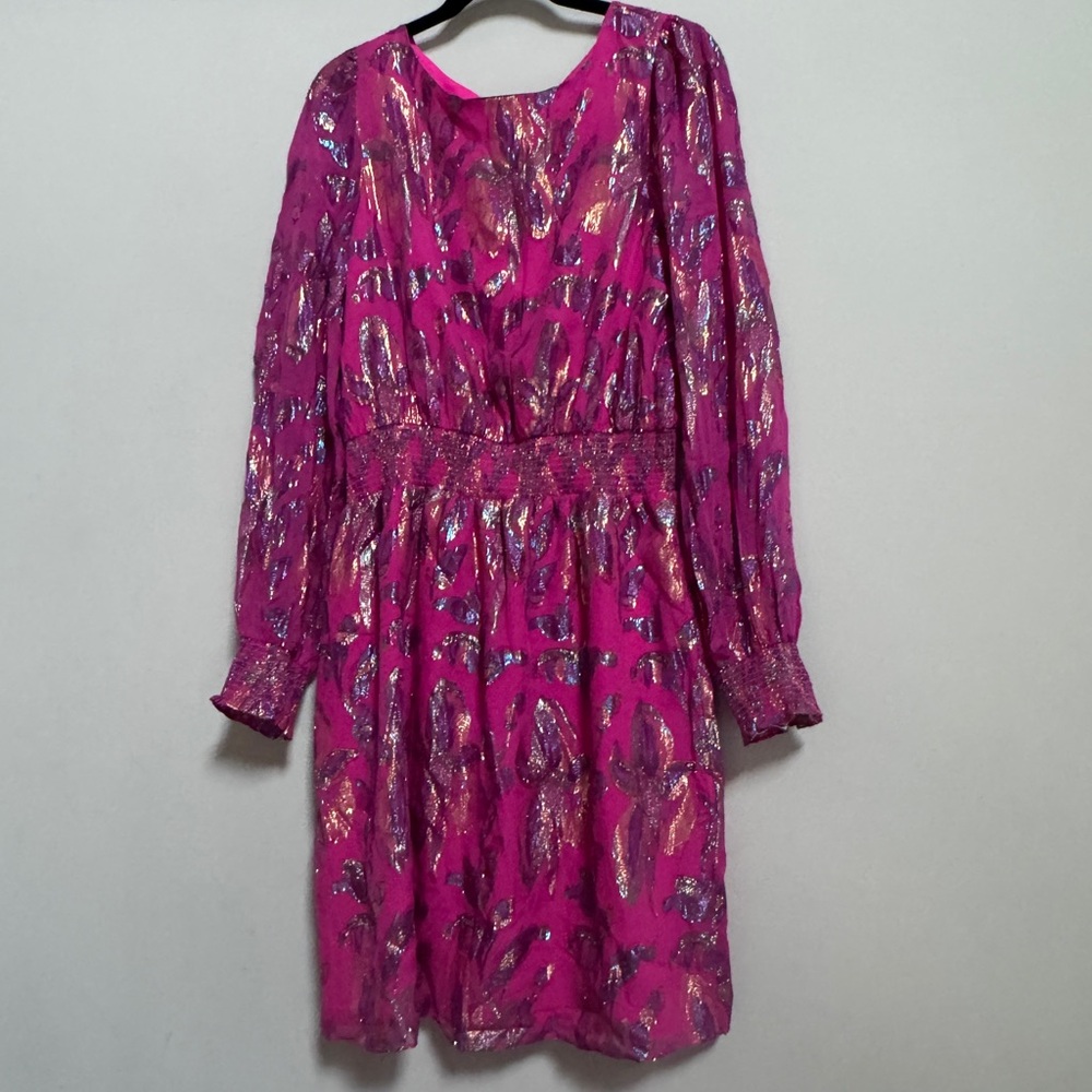 Lilly Pulitzer Cosita Long Sleeve Silk Dress Acai Berry Metallic Floral NWT